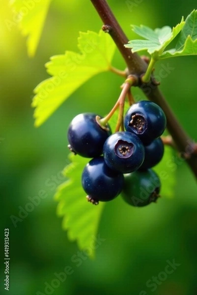 Fototapeta A cluster of dark berries hangs from a branch, surrounded by vibrant green leaves in a sunlit garden