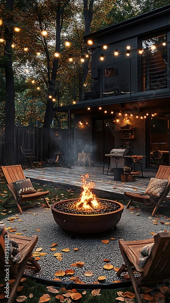 Fototapeta Modern outdoor living space with fire pit and string lights at twilight
