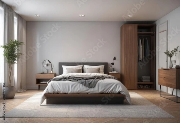 Fototapeta Sleek modern bedroom with walk-in closet; minimalist furniture ,  statement piece,  minimalist,  room
