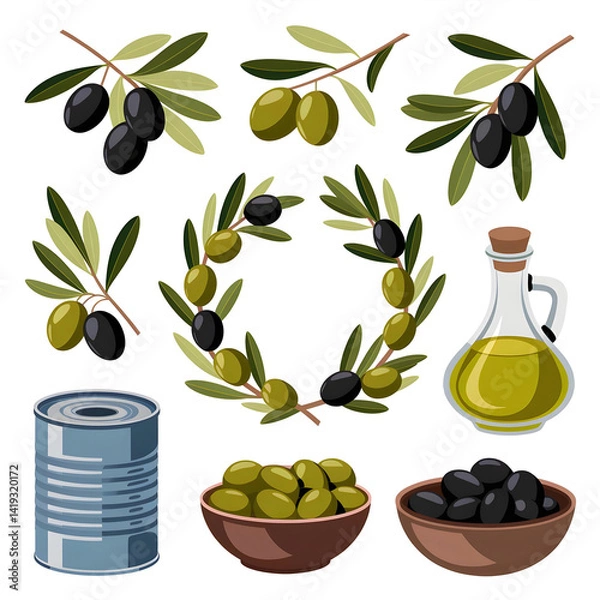 Fototapeta Vector set of black and green olives. Olive tree branches, wreath of olive branches, glass bottle with olive oil, bowl with olives and metal can. Healthy food vector illustration.