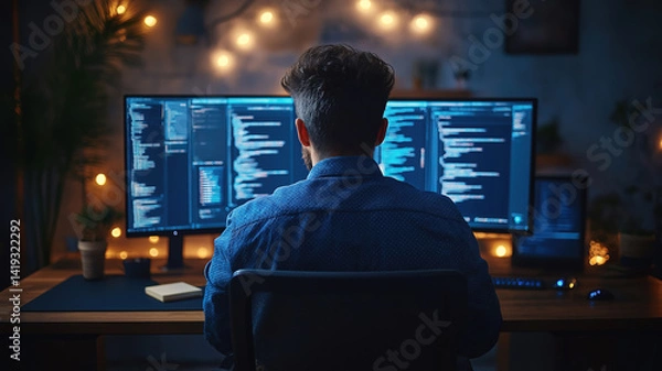 Fototapeta Senior web app developer working on outsource solution in dark blue tech workspace