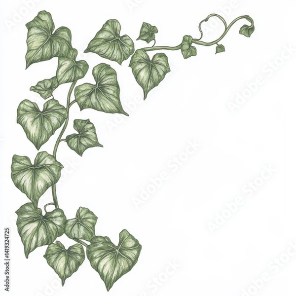 Fototapeta Detailed Illustration of Green Ivy Leaves Climbing on a White Background Depicting Nature's Serenity and Organic Beauty for Botanical Enthusiasts