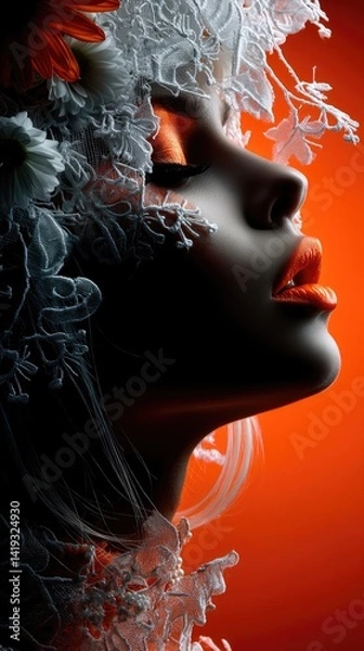 Fototapeta A woman's profile, adorned with intricate lace and vibrant color.