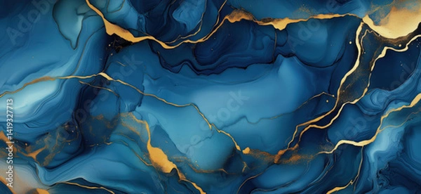 Fototapeta Abstract blue and gold marbled background with fluid art design elements, copy space for text.