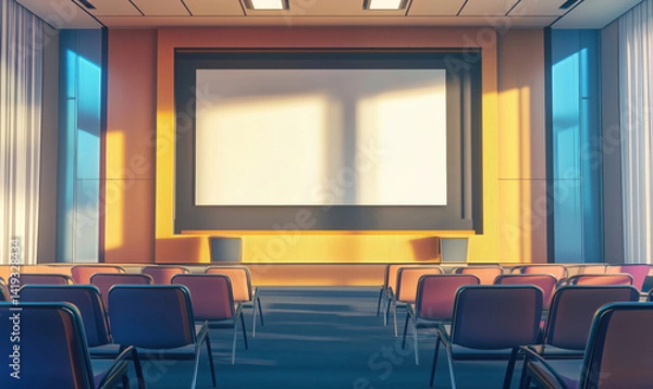 Fototapeta Modern conference room with empty chairs and large projection screen.