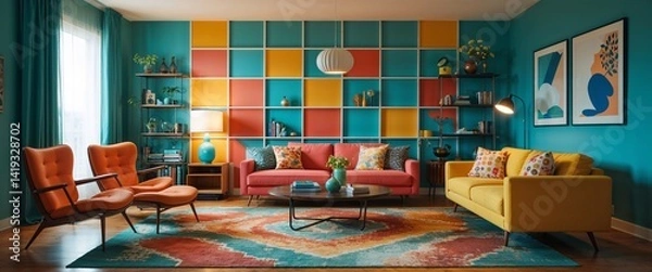 Obraz Retro modern living room with funky furniture and bold accent colors wide angle panoramic view horizontal symmetric background.