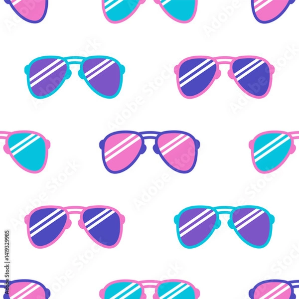 Fototapeta Seamless pattern with sunglasses. Trendy aviator glasses in 80s style. Fashion glasses, glamour spectacles, party eyewear. Retro design elements for party and pop culture. Vector illustration
