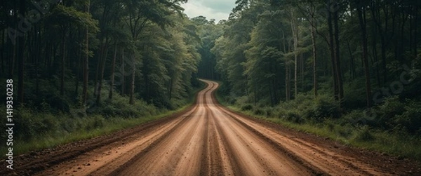 Obraz Winding dirt road through dense forest wide angle panoramic view horizontal symmetric background.