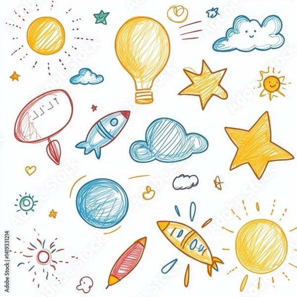 Obraz Colorful Hand-Drawn Doodles of Sun, Stars, Clouds, Rockets, and Light Bulbs on White Background for Kids and Education Themes