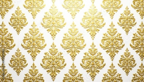 Fototapeta Intricate floral damask textile pattern in elegant gold and white , repeating, ornament