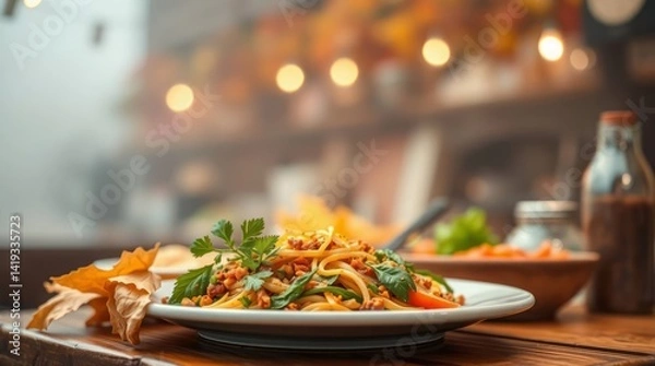 Obraz Photorealistic high-quality image long exposure of italian cuisine in thick fog. warm autumn colors, blurred bokeh, sharp subject focus, soft background, earthy and cozy atmosphere