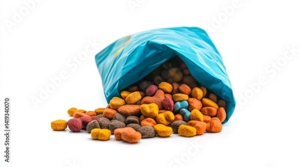 Fototapeta Colorful candy spilling out of a blue bag. The vibrant hues attract attention and evoke sweetness. Perfect for candy lovers and sweet treat enthusiasts. Generative AI