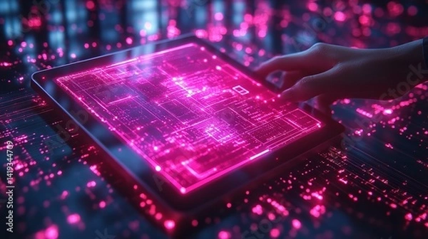 Fototapeta Digital tablet technology pink neon glow circuit board tech future innovation device connection network