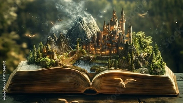 Obraz Enchanting pop-up book with a fantastical castle and landscape coming to life