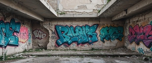 Obraz Faded graffiti on crumbling walls wide angle panoramic view horizontal symmetric background