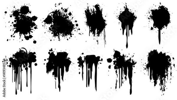 Fototapeta Various black ink splatters showcasing unique patterns and textures for artistic use