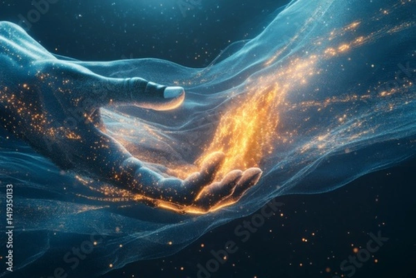 Fototapeta Human hand touching glowing AI fabric, flowing in quantum space. Abstract representation of connection between human and artificial intelligence in dreamlike golden-blue environment.
