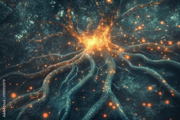 Fototapeta Tree with digital roots and glowing data streams. Fractal leaves represent AI ideas. Electric green, neon orange, soft white colors. Floating particles symbolize knowledge and growth.