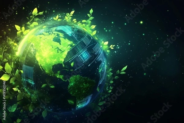 Fototapeta Green planet Earth. eco-friendly technology. sustainability. digital globe. future ecology. Earth Day celebration. green energy. data-driven environment. smart nature. clean planet vision.