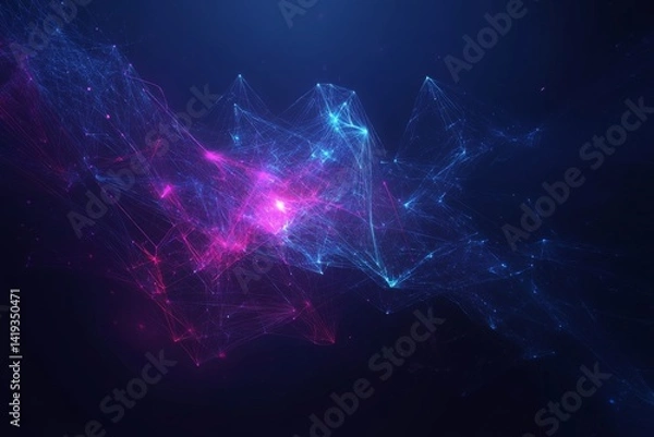 Fototapeta Vibrant abstract background with pink and blue glowing fibers on dark surface. Flowing light grid, soft lines and depth. Ideal for tech, sci-fi, and digital design themes.