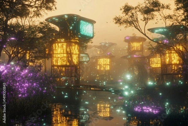 Fototapeta Futuristic city. giant crystals. glowing towers. AI integration. neural networks. energy structures. thoughts as architecture. sci-fi world. cosmic light. digital consciousness.