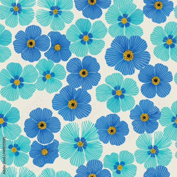 Fototapeta Bold Blooms, Dive into cool tones with this vibrant pattern featuring stylized blue and teal flowers.