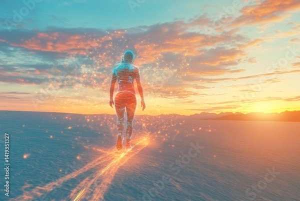 Fototapeta Futuristic avatar walking across sand dunes at sunset, leaving behind glowing trails of light. representing a Ideal for themes of digital identity, AI, human enhancement, and future mobility.