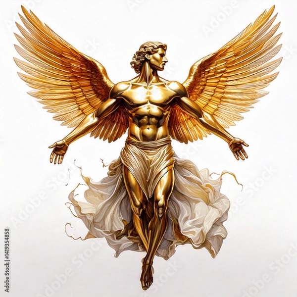 Fototapeta golden handmade figure flying icarus me with wings isolated on white