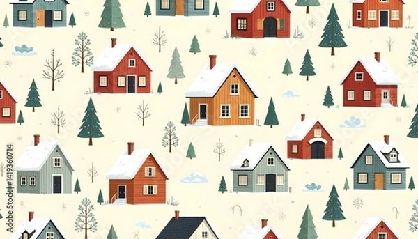 Obraz Charming winter village illustration with cozy houses and snowy trees
