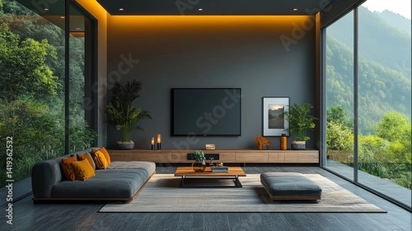 Obraz Modern Luxury Living Room Interior Design with Stunning Mountain View Large Windows Minimalist Gray Sofa Wooden TV Stand Natural  