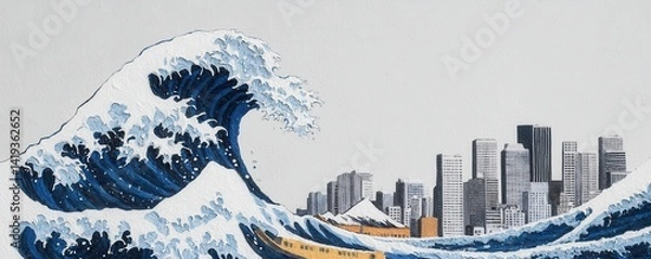 Fototapeta Massive tsunami wave approaches urban skyline digital art stormy environment dynamic perspective nature's power