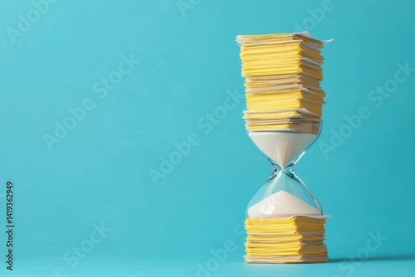 Fototapeta Measuring time with hourglass and paper stacks creative concept minimalist environment close-up view
