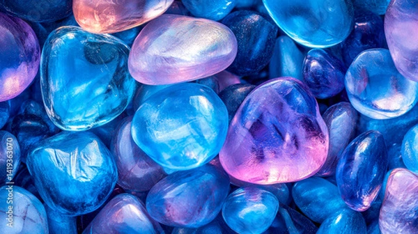 Fototapeta Decorative glass stones of blue color, with glossy texture. They are ideal for decoration, floristry and aquarium decoration, creating a beautiful visual effect.