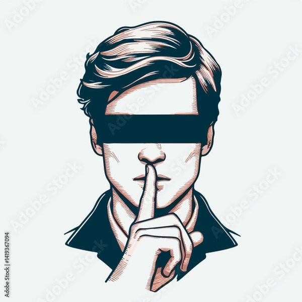 Fototapeta Silence Speaks Volumes: A striking illustration of a man with a finger on his lips, representing secrecy, and the hidden truth, encouraging quiet contemplation and discretion.