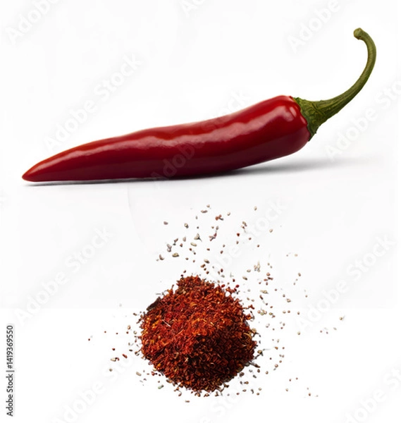 Fototapeta Red chili pepper and crushed chili powder isolated on transparent background