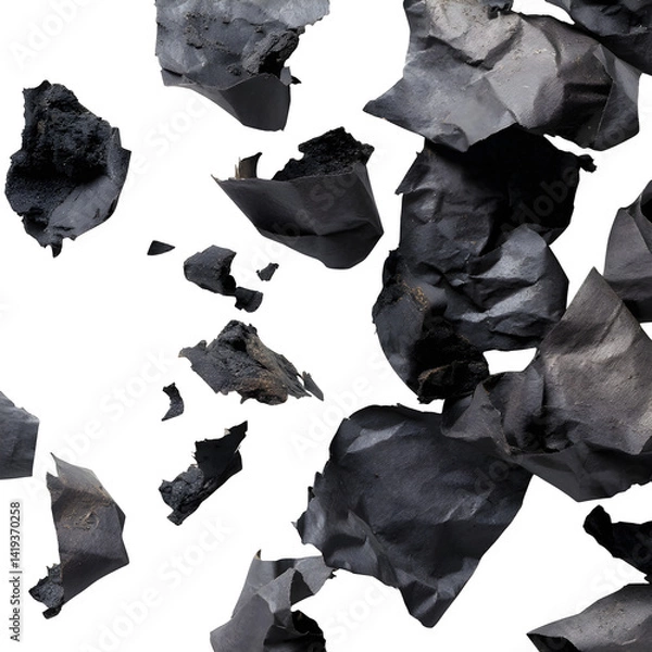 Fototapeta Charred paper scraps flying, scattered isolated on white texture, clipping path --v 7.0