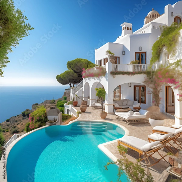 Fototapeta Villa blanche de luxe avec piscine à débordement surplombant la mer Méditerranée, architecture méditerranéenne ensoleillée, vue imprenable et séjour haut de gamme en bord de falaise