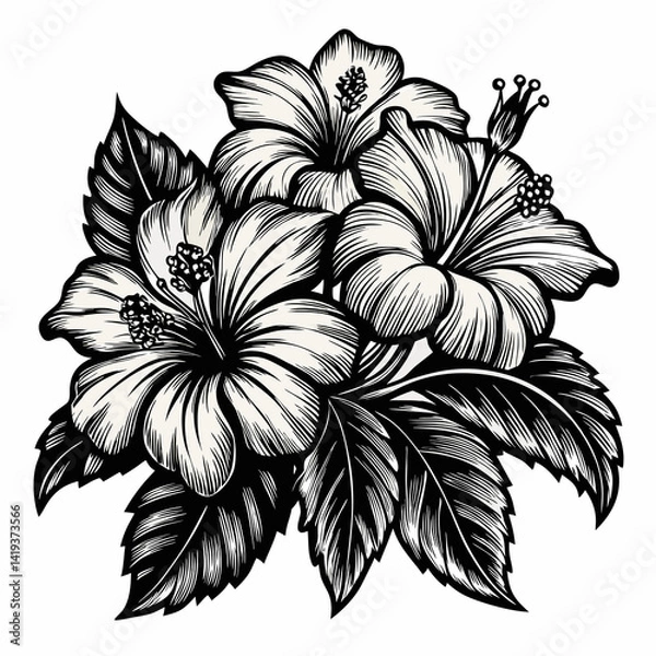 Fototapeta  A hibiscus flowers in a vintage woodcut engraved 