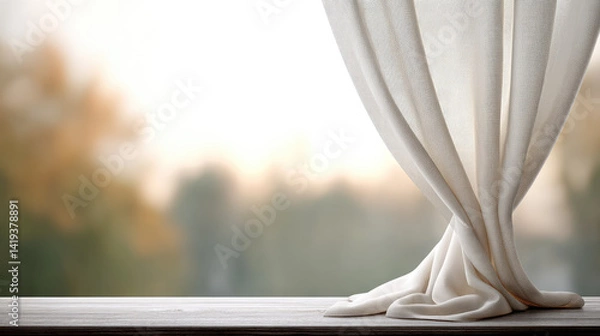 Obraz Soft curtain draping by window with blurred background