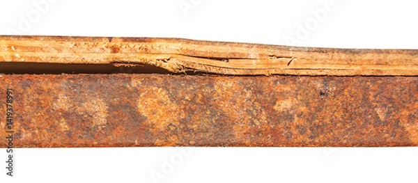 Fototapeta Rusty Metal Plate with Decayed Plywood Layer in Horizontal Orientation Isolated on Transparent Background