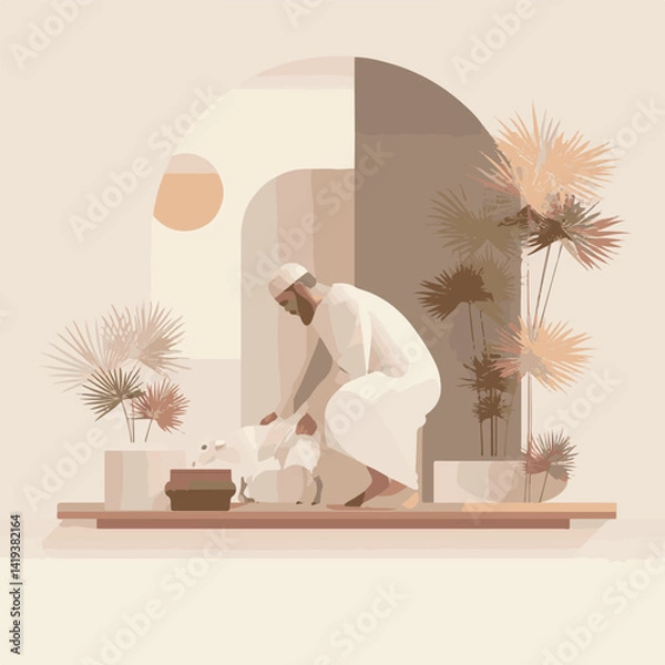 Obraz Illustration of Eid al-Adha. Muslims Prepare Sacrificial Animals. People Celebrate Eid al-Adha