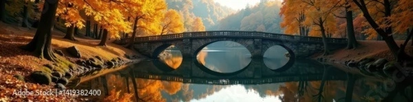 Obraz Golden leaves reflected in still water, Ashness Bridge in autumn , water, ashness bridge