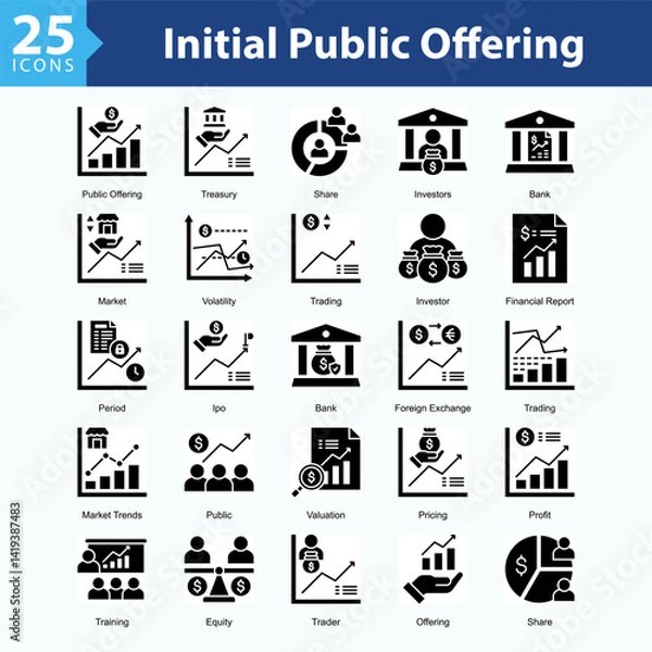 Fototapeta Initial Public Offering is a collection of icons in sheet format showcasing stock market activity, corporate funding, and capital growth in modern business.