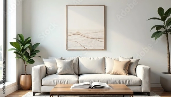 Fototapeta Elegant line art in a simple frame above a coffee table with books , reading, quiet, shelf