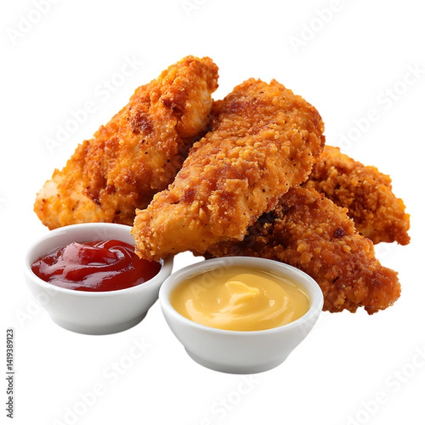 Fototapeta Golden fried chicken tenders with ketchup and mustard dips close