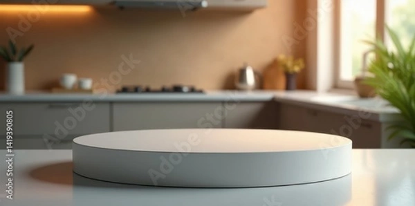 Fototapeta Sleek circular pedestal against softly blurred kitchen scene, blur, clean