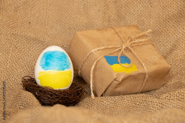 Fototapeta Easter egg with Ukrainian flag and a parcel with a flag, support for Ukraine during holidays, Easter