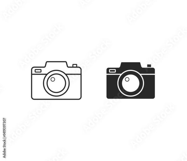 Fototapeta This icon shows two simple camera outlines, one filled and one as a line drawing. They represent taking pictures or photography.