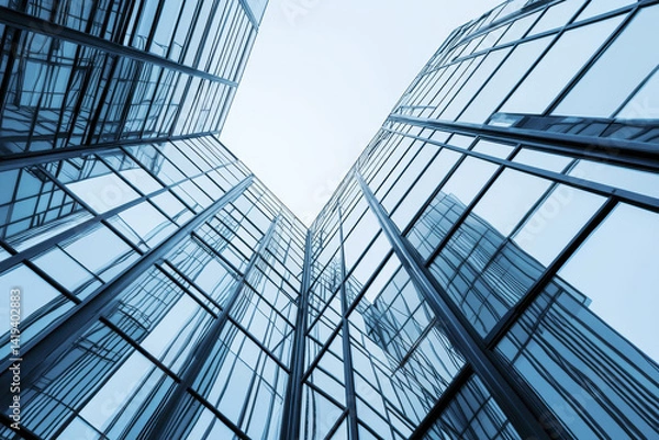Fototapeta Modern glass buildings create striking architectural view, showcasing sleek lines and reflections