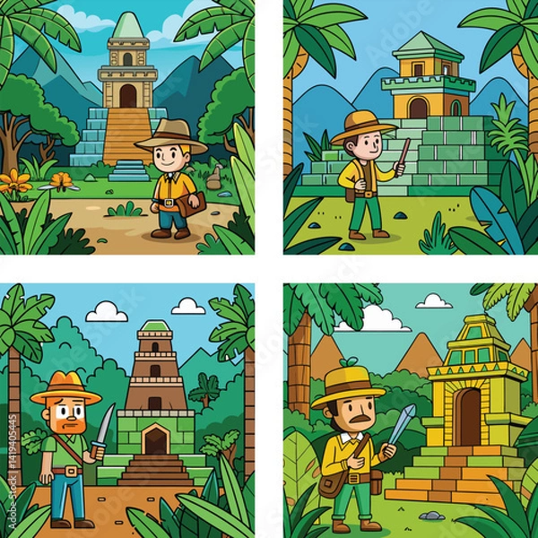 Fototapeta Cartoon Adventurers Exploring Ancient Temples In A Jungle Landscape Vector Illustration Set